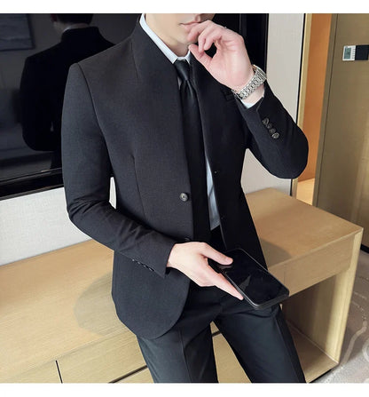 New Chinese Stand-Up Collar Suit Jacket High Quality Waffle Business Slim Fit Men's Social Party Suit Dress Men's clothing 5XL-M