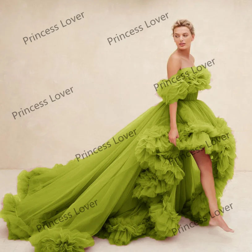 Women Prom Dresses Tulle High Low Vestido de Novia Robes Off the Shoulder Evening Dress Ruffled Fluffy Party Gowns Customized