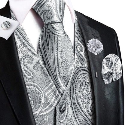 Luxury Mens Vests Black Gold Floral Jacquard Waistcoat Tie Hanky Cufflinks Brooch Set for Men Suit Wedding Office XL