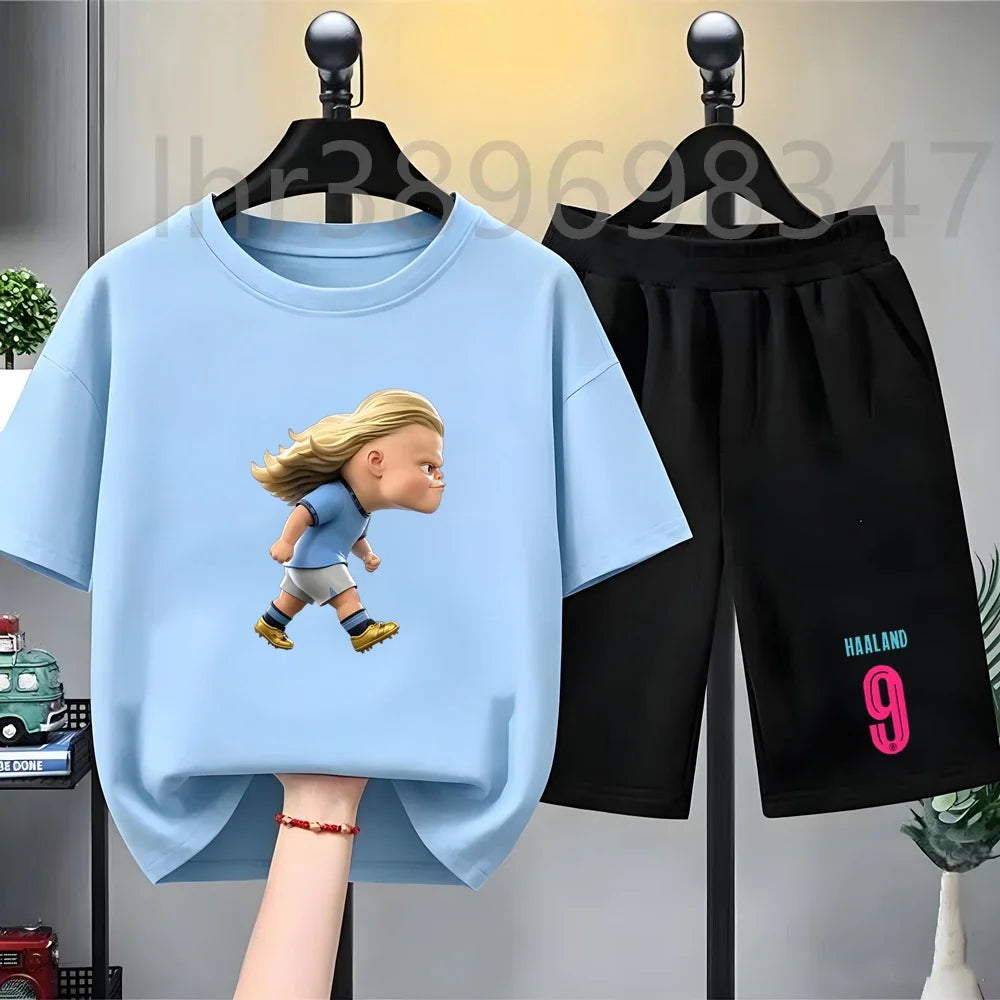 Children Black Tees Set Suitable Girls Boy Tshirt+Shorts 2pcs Kids Football Athletrint Short Sleeve White Summer Outfit