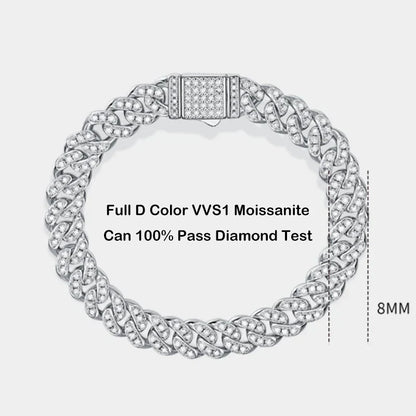 Sparkling Real Full Moissanite Cuban Chain Bracelet for Men Women 8mm S925 Sterling Silver Hip Hop Diamond Link Bracelets