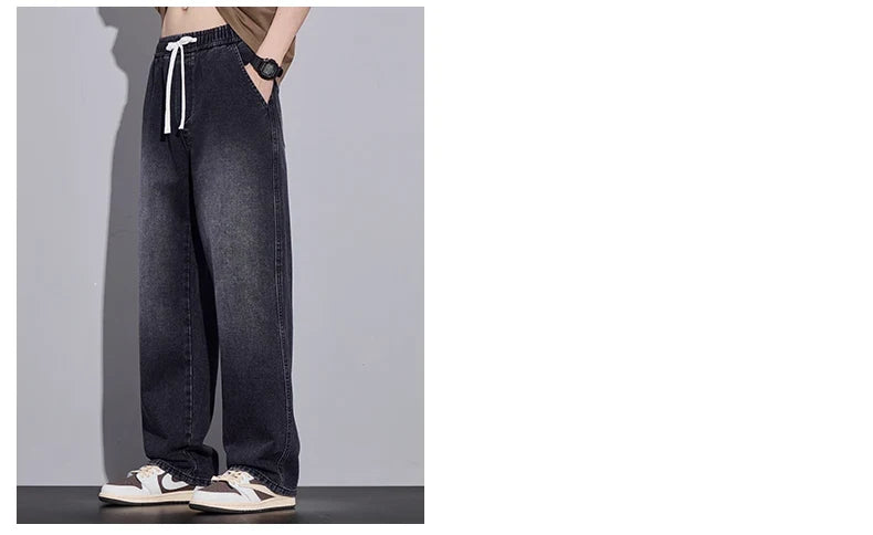 Men's Clothing Wide-leg Pants Baggy Jeans Streetwear Straight Fashion Denim Trousers Y2k Vintage Washed Elastic Waist Man Pants