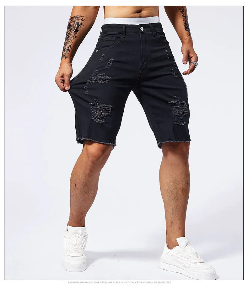 Vintage Denim Shorts Men's American Stretch Slim Jeans Fashion Ripped Streetwear Male Hole Frayed Short Pants Blue Black