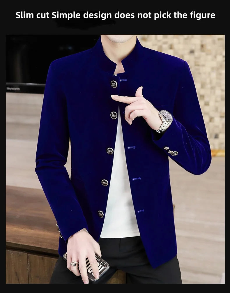 Men's Light Luxury Golden Velvet Coat Youth Fashion Trend Solid Color Stand Collar MAO Suit Handsome Boutique Item