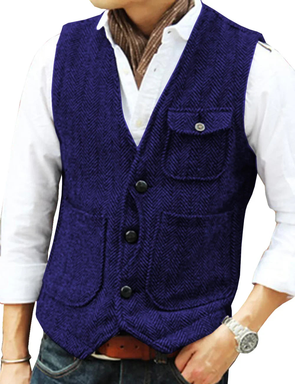 Men's Business Suit Vest Herringbone Tweed V Neck Formal Waistcoat for Wedding Suit or Tuxedo