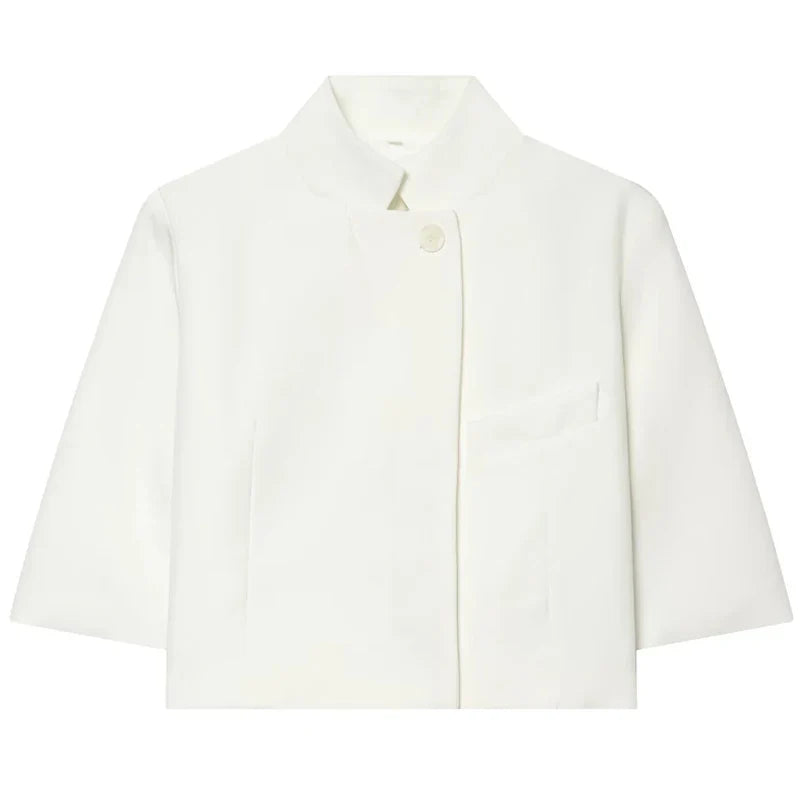 Asymmetric Crop White Blazer Woman Summer 2026 Office Wear Woman Elegant Button Short Sleeve Outerwear Fashion Suit Jacket