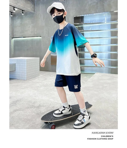 Summer Boys Gradient Quick-dry T-Shirt Top+Shorts Pant Sportswear Set School Kids 2PCS Tracksuit Children Jersey Outfit 5-16 Yr