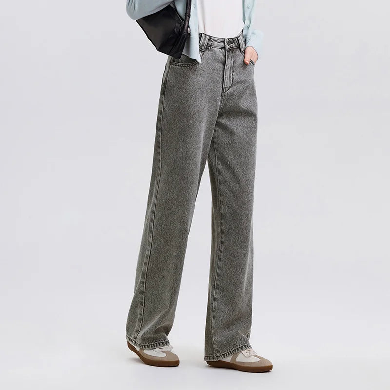 Jeans Women Heightening Pure Cotton Long Trousers Autumn 2024 New Flesh-hiding Wide-leg Trousers