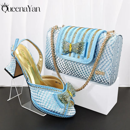 Hot Selling Sky Blue Color Party Peep Toe High Heels and Handbag  Set With Striped and Rhinestone Decoration Design