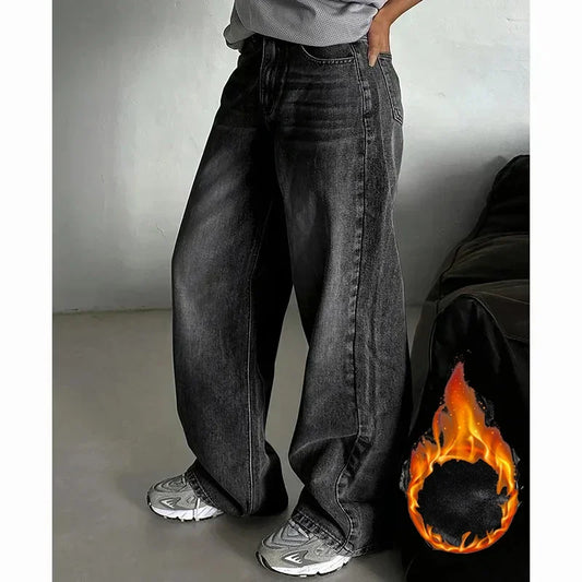 Winter Lady Plush Thermal High Waist Thin Jeans Girls Fleece Snow Warm Denim Pants Female Comfortable Straight Leg Trousers