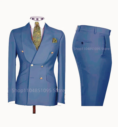 Smart Casual Solid 2 PCS Men Suits Formal Groom Tuxedos Shawl Lapel Double Breasted Jacket Pants Business/Wedding Suits Set