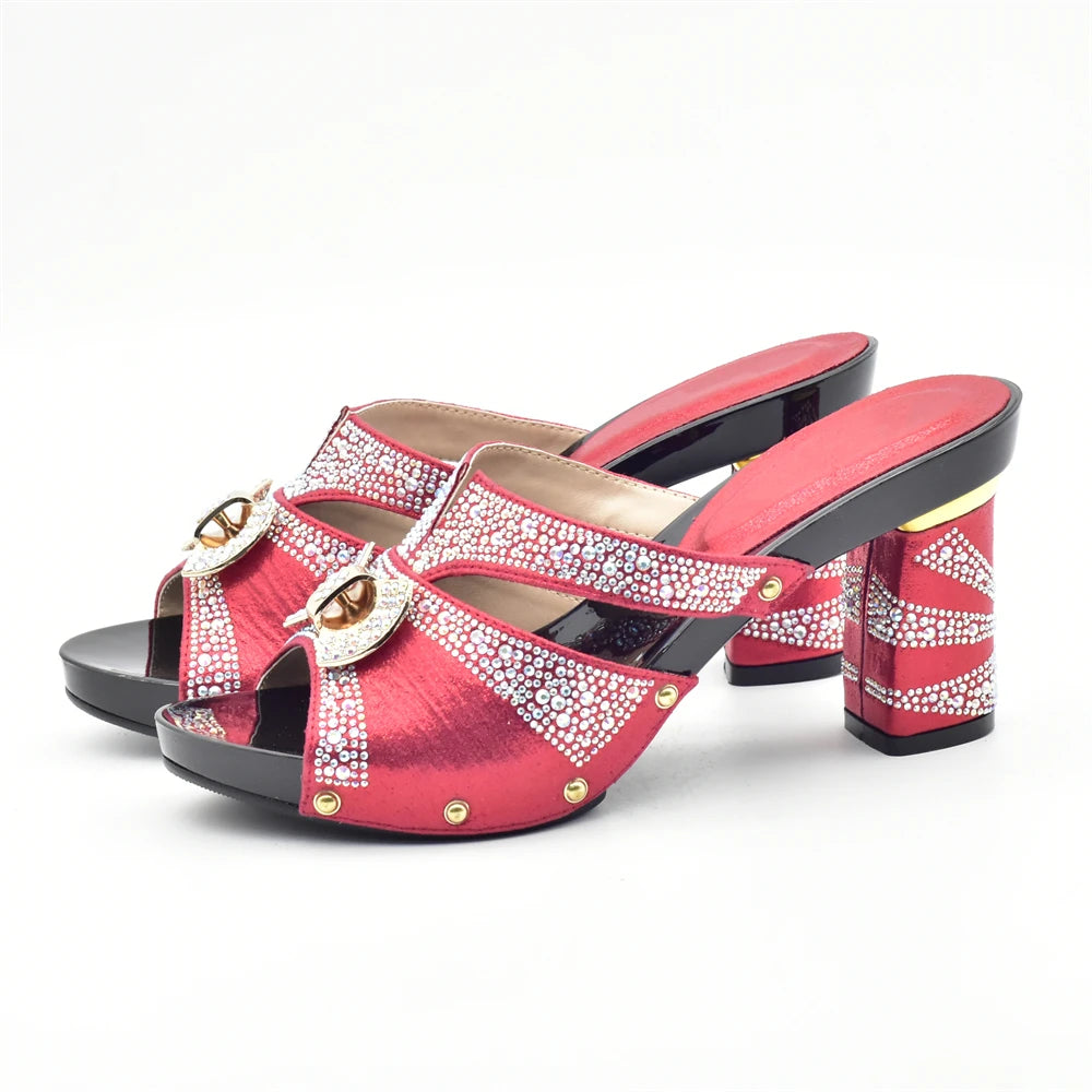 Latest Red Color Italian Ladies Shoes and Bag Sets Decorated with Rhinestone African Matching Shoes and Bags Italian In Women