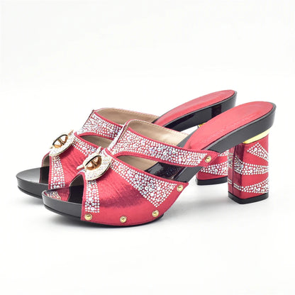 Latest Red Color Italian Ladies Shoes and Bag Sets Decorated with Rhinestone African Matching Shoes and Bags Italian In Women