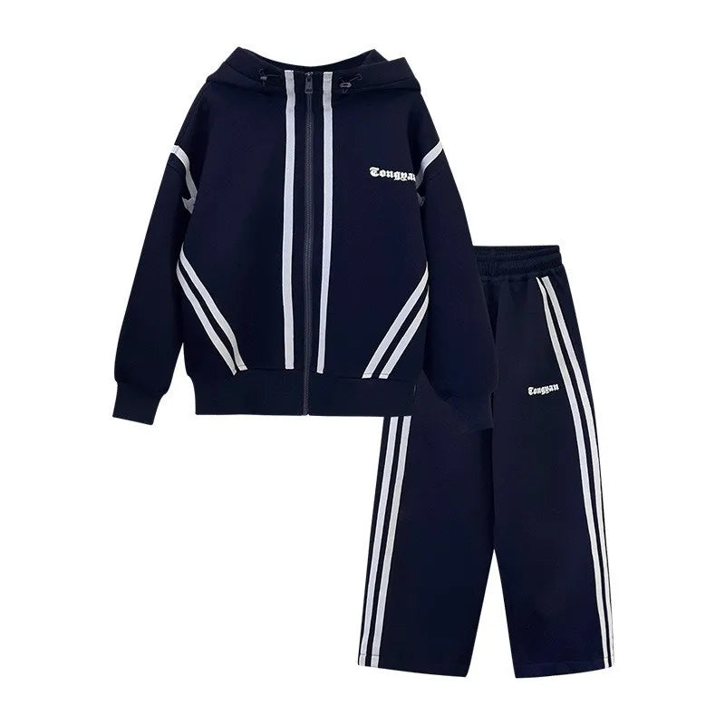 SpringAutumn Boys Navy Striped Zip Sweatshirt Jacket+Sweatpant Work Set School Kids 2PCS Tracksuit Children Jogger Outfit 5-16Yr