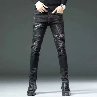 Harajuku Fashion Men's High-end Embroidered Jeans Korean Style Prints Patches Slim Fit Casual Spring Autumn Cowboy Trousers