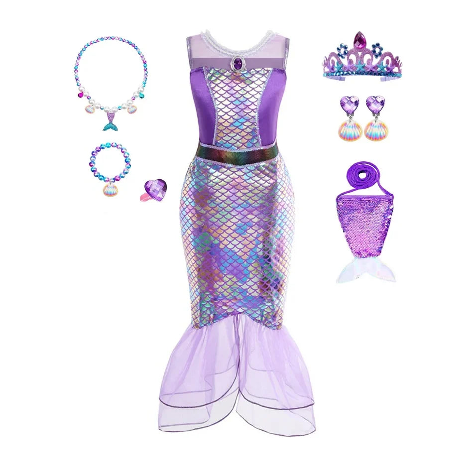 Mermaid Dress for Girl Charm Princess Cosplay Sequin Bling Costume for Kids Girl Fish Beauty Birthday Party Halloween Clothing