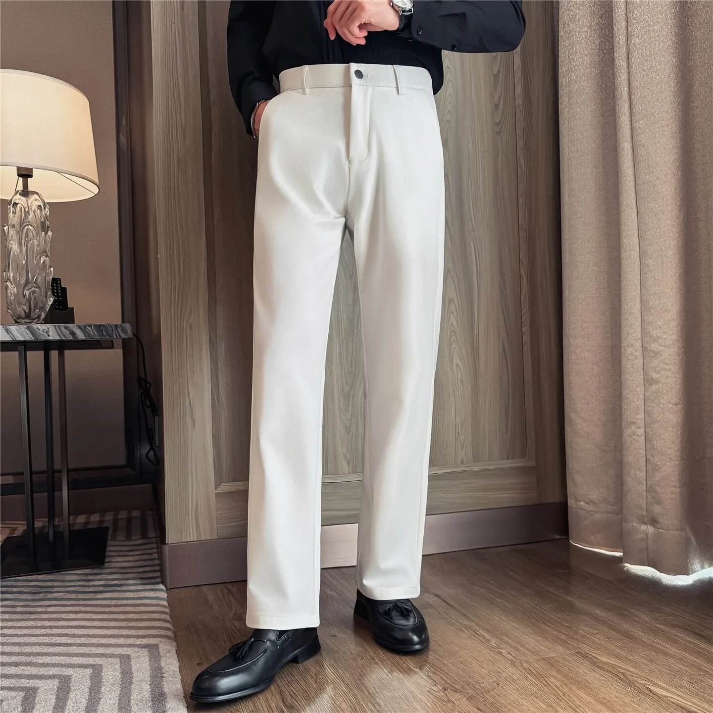 Men's Pleated Trousers, Elastic Waist, Wide-Leg, Casual Suit Pants, 2026 Spring, White/Black, S-4XL