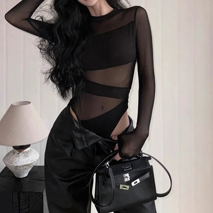 Sexy Perspective Y2k Clothing Hollow Out Bodysuits Mesh Sheer Top Women Long Sleeve Patchwork Bodysuit Black