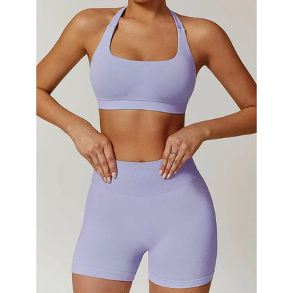 Sexy Halter Neck Beautiful Back High Waist Peach Sports Bras Shorts Suit Pilates Gathering Yoga Vest Training Fitness Bra Sets