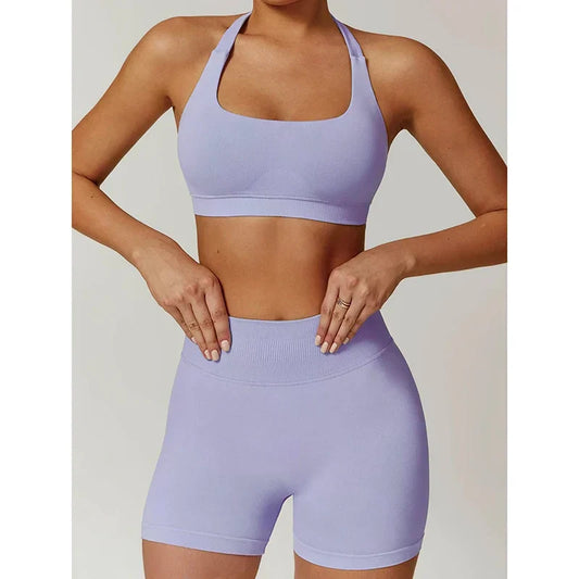 Sexy Halter Neck Beautiful Back High Waist Peach Sports Bras Shorts Suit Pilates Gathering Yoga Vest Training Fitness Bra Sets