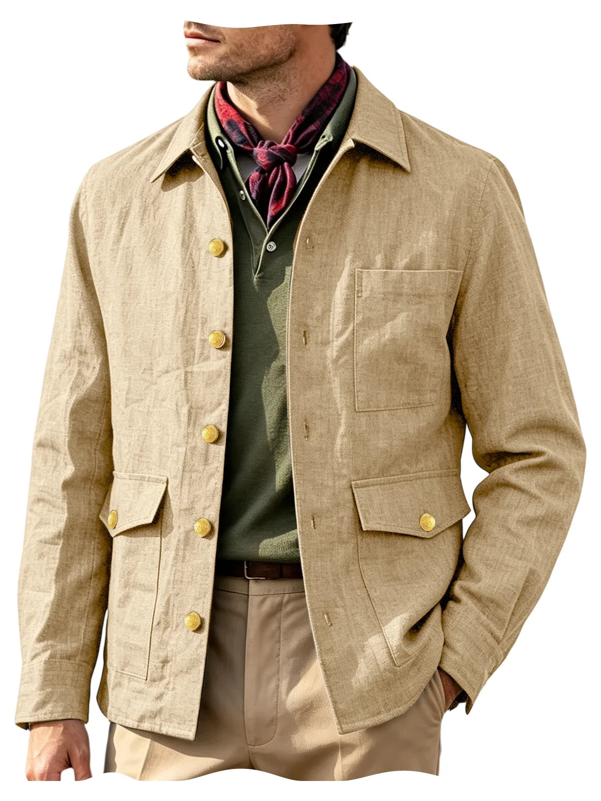Vintage Men's Linen Jacket Lapel Collar Gold Button Casual Slim Fit Coat Lightweight Breathable for Formal Daily Office Wear