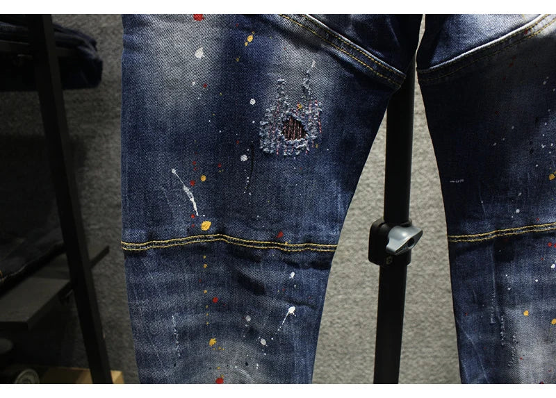 Street Fashion Men Jeans Retro Blue Stretch Slim Fit Spliced Ripped Jeans Men Painted Designer Hip Hop Vintage Denim Pants Homme