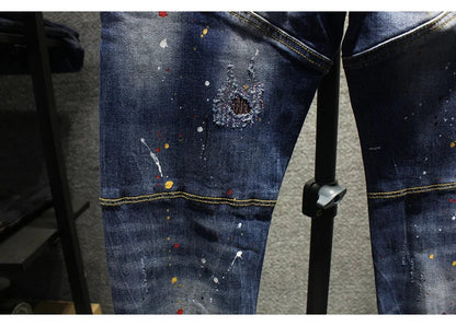 Street Fashion Men Jeans Retro Blue Stretch Slim Fit Spliced Ripped Jeans Men Painted Designer Hip Hop Vintage Denim Pants Homme