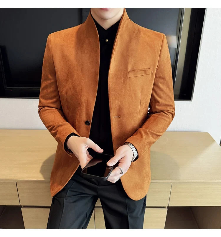 High Quality Cowhide Suede Suit Coats Men Fashion Slim Fit Stand Up Collar Business Casual Jacket Formal Groom Social Tuxedos