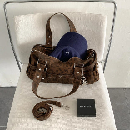 Vintage Leopard Rivet Motorcycle Handbag Barrel Shaped Boston Casual Messenger Bags for Female Shoulder Bag Fashion Ladies Totes