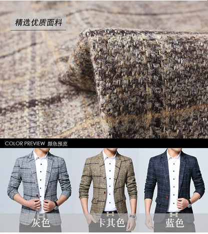 Men's Korean Style Spring Autumn Casual Small Suit Checkered Jacket Fitted Large Size Single Western Wear