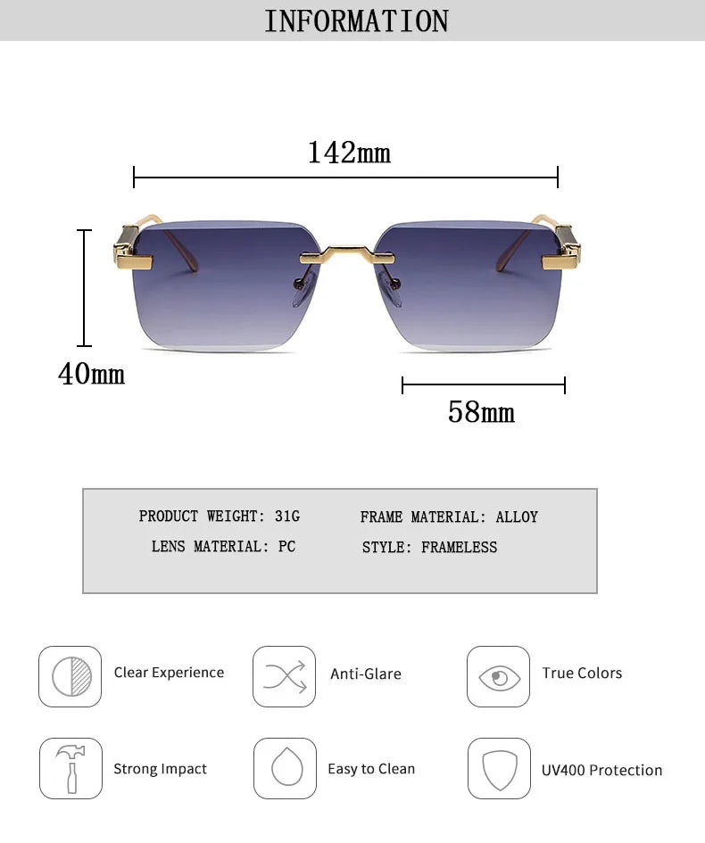 Fashion Rimless Sunglasses For Men Designer Square Sunglasses Women 2024 Trendy Retro Gafas De Sol Hombre Lunette Soleil Femme