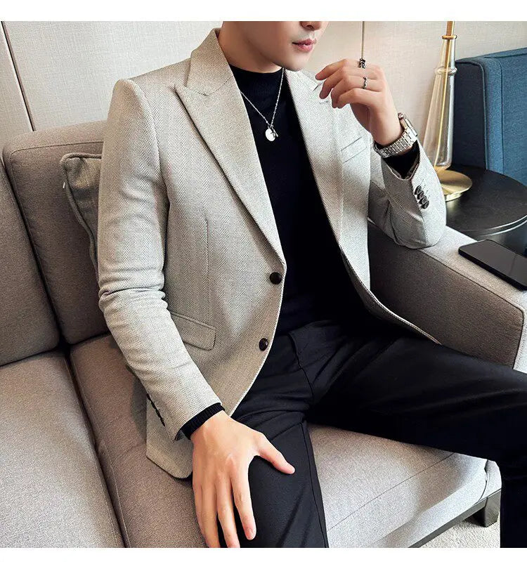 Men's Herringbone Stripe Suit Blazer Classic Lapel Dress Jacket Elegant Slim Fit Fashion Simple Casual Business Prom Suit Jacket