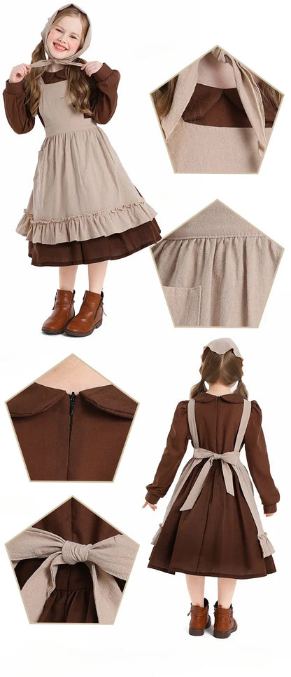 Kids Poor Clothes Cosplay Cinderella Maid Costume Colonial Farm Village Girl Pioneer Prairie Dress
