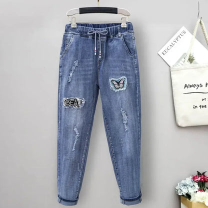Large Size Baggy Jeans Woman High Waist Loose Harem Pants Elastic Cotton Denim Pants Women Denim Jeans Mom Ripped Jeans