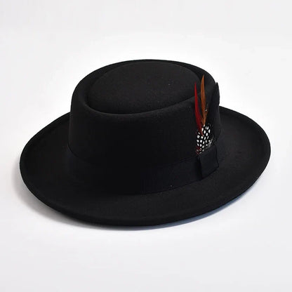 NEW Vintage Pork Pie Hat Mens Rolled Brim Felt Fedora Hat with Feather Gentleman Trilby Jazz Hats
