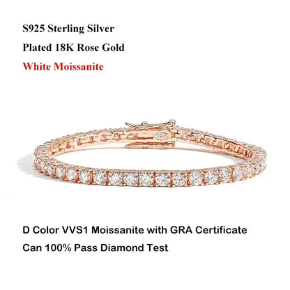 Real D Color Full 2/2.5/3/4/5/6.5mm Moissanite Tennis Bracelet For Women S925 Plated 18K Rose Gold Diamond Link Bracelets