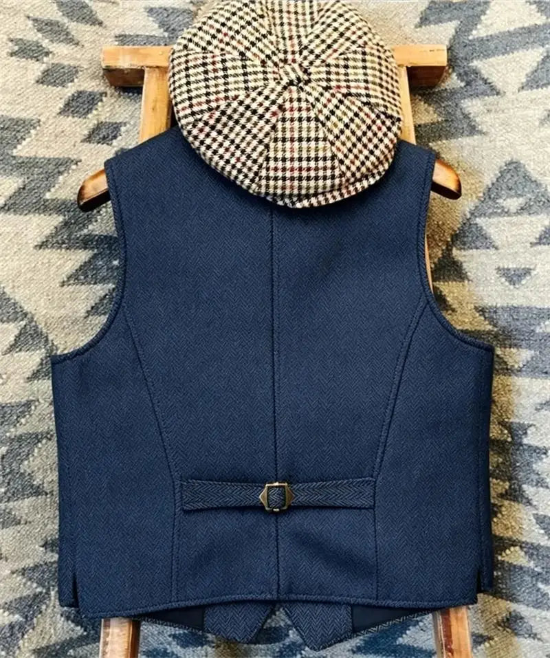 Men's Wool Tweed Suit Vest Lapel V Neck Sleeveless Herringbone Retro Casual Slim Fit Wedding Business Waistcoat for Tuxedos
