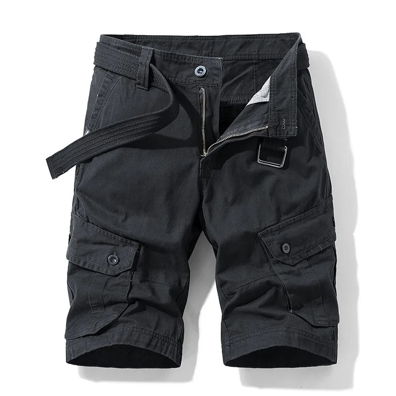 Summer Cargo Shorts Men's Pure Cotton Vintage Washed Multi Pocket Casual Straight Leg Trendy Knee Length Pants Streetwear