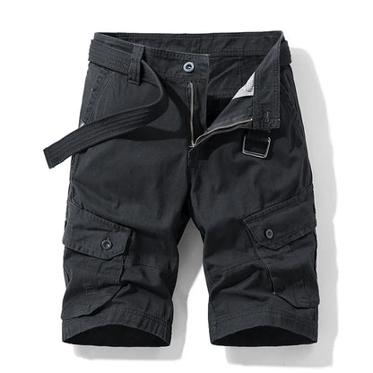 Summer Cargo Shorts Men's Pure Cotton Vintage Washed Multi Pocket Casual Straight Leg Trendy Knee Length Pants Streetwear
