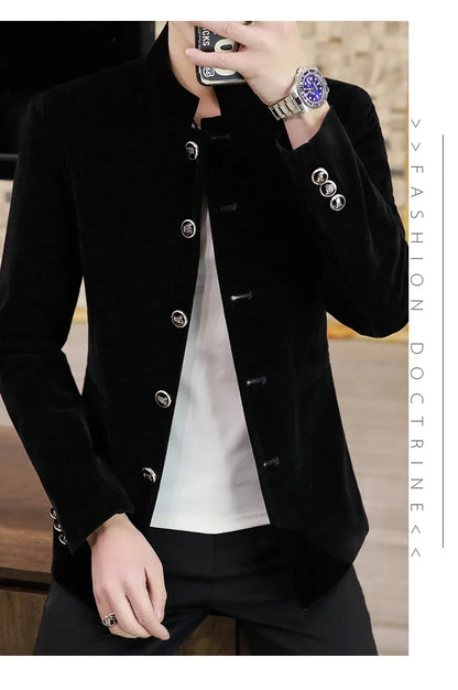Men's Light Luxury Golden Velvet Coat Youth Fashion Trend Solid Color Stand Collar MAO Suit Handsome Boutique Item