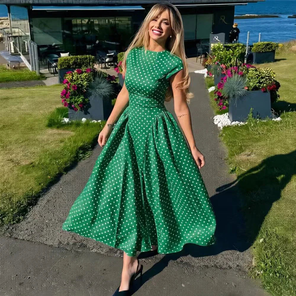 White Polka Dot Long Dress Summer Sexy High-Waisted Vintage Print Sleeveless Dress Casual Party Vacation New Women Dress