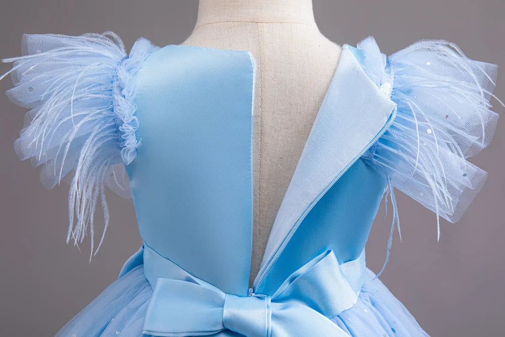 Summer Girls' New Bow Sequin Flying Sleeves Mesh Fluffy Skirt Piano Competition School Graduation Ceremony Dress