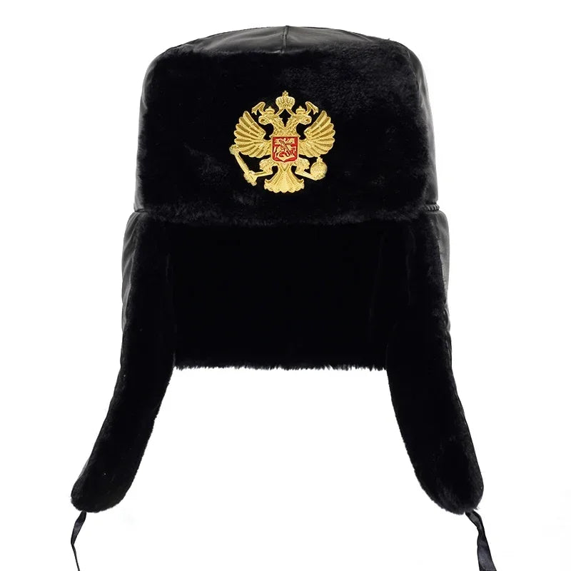 Soviet Army Military Badge Russia Ushanka Bomber Hats Pilot Trapper Trooper Hat Winter Faux Rabbit Fur Earflap Men Snow Caps