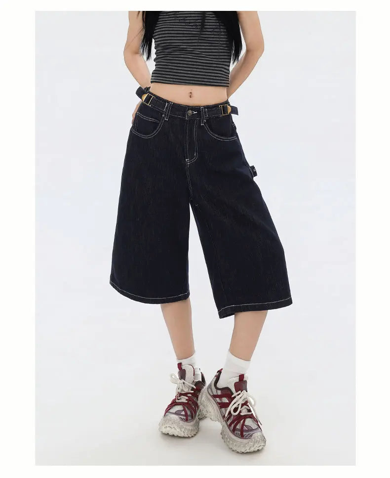 American High Street Fashion Loose Denim Shorts Retro Wide Leg Crop Pants Women Y2k High Waisted Embroidery Casual Mid Trouser