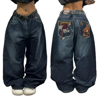 American New Fashion Oversized Pattern Printed Washed Jeans Men Y2K Gothic Rock Popular Casual Joker High Waist Wide Leg Pants