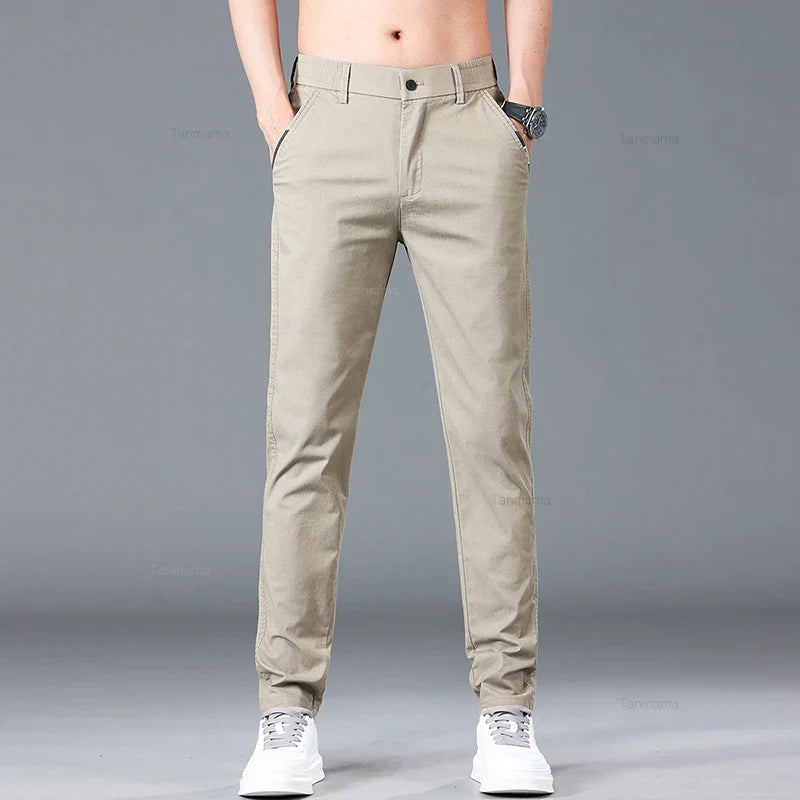 Spring Summer Men's Casual Pants Korean Fashion Cotton Thin Soft Elastic Slim Business Trousers Black Green Khaki
