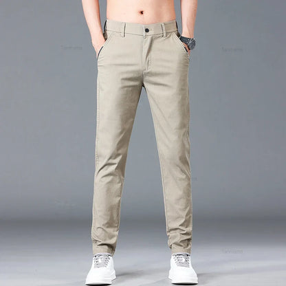 Spring Summer Men's Casual Pants Korean Fashion Cotton Thin Soft Elastic Slim Business Trousers Black Green Khaki