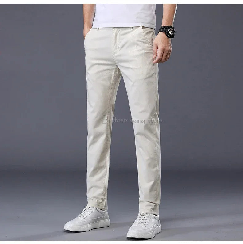 Summer Thin Men's Casual Pants Cotton 7 Colors Classic Style Elastic Straight Slim Fit Business Fashion Long Trousers Male