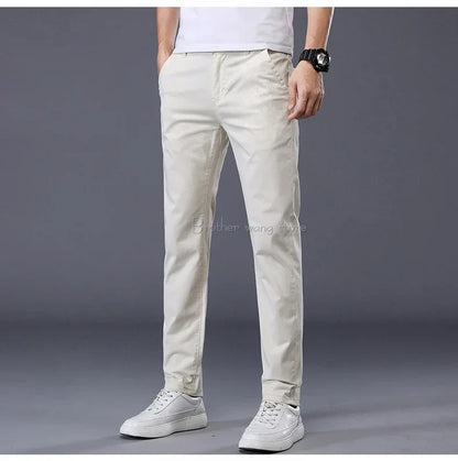 Summer Thin Men's Casual Pants Cotton 7 Colors Classic Style Elastic Straight Slim Fit Business Fashion Long Trousers Male