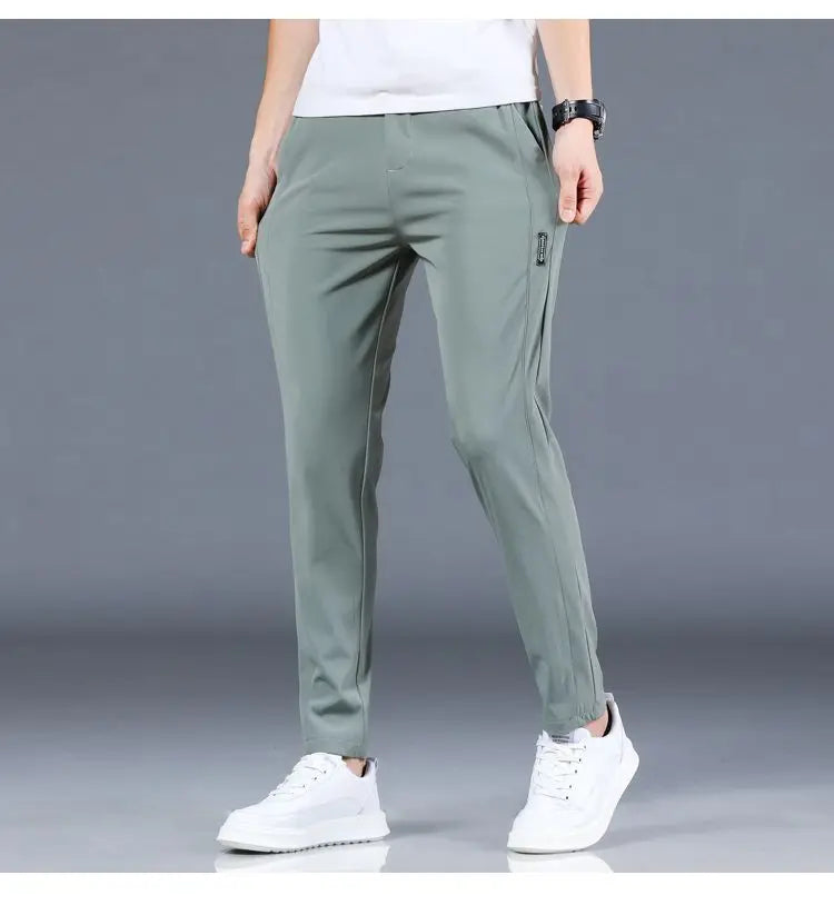 Ice silk men's pants 2026 summer new black gray thin business casual pants outdoor elastic breathable straight leg sports pants